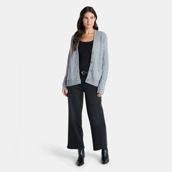 Time and Tru Sweaters - Time and Tru Sequin Cardigan Sweater Gray Ribbed Knit XS Holiday Shimmer Sparkle